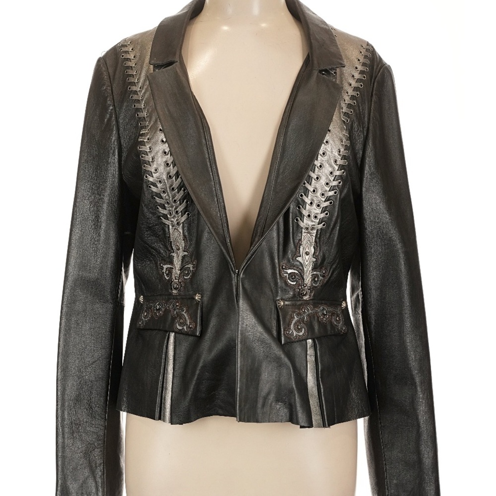 Double D Ranch Leather Jacket Embroidered Whipstitch Studded Boho Blazer Size L